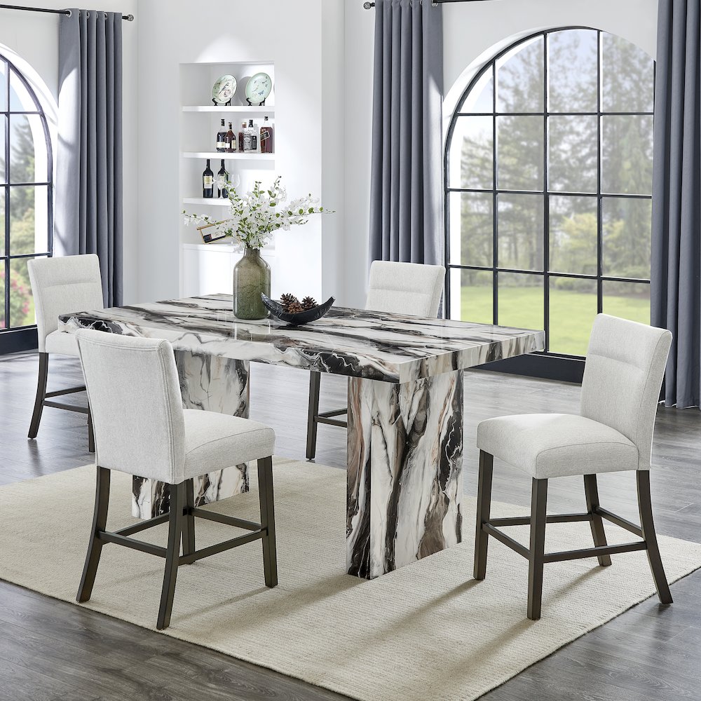 Cavira 5-Piece Modern Faux Marble Dining Set, Counter Height Table with 4 Chairs