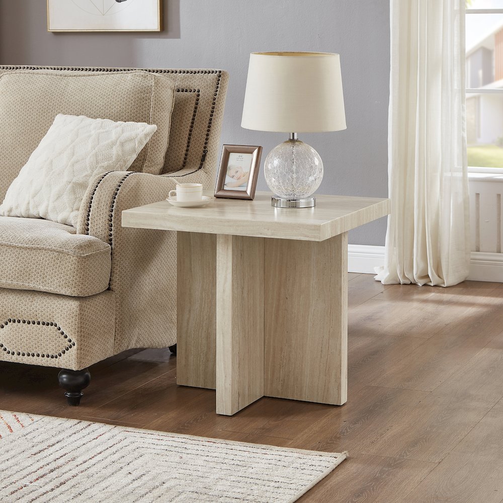 Cavira Modern Faux Marble Living Room Side Table, Beige