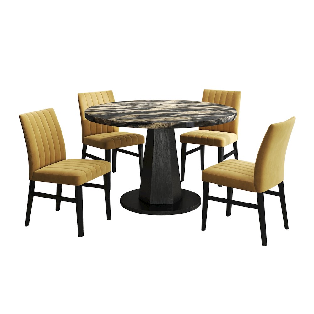 5-Piece Dining Set, Black and Gold Faux Marble Dining Table Four Chairs, Yellow