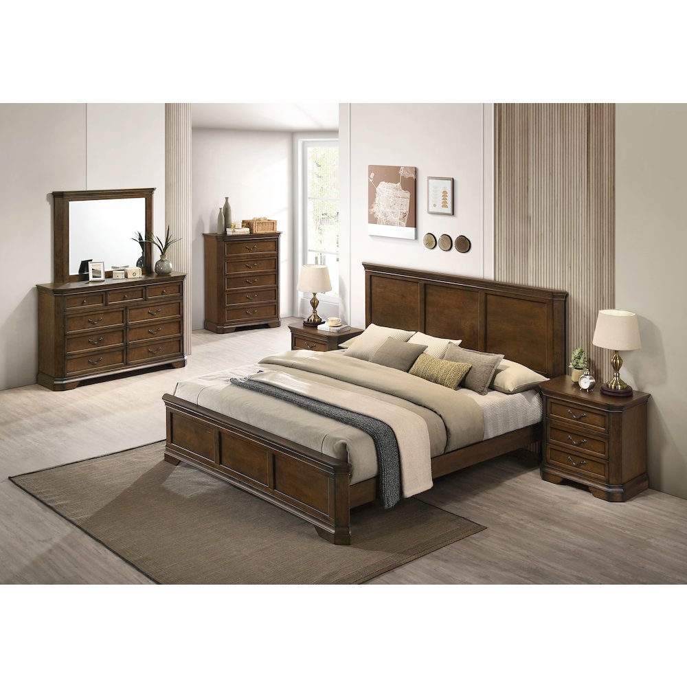 Wood Bed, Dresser, Mirror, 2 Nightstands, Chest, Queen, Antique Walnut Finish