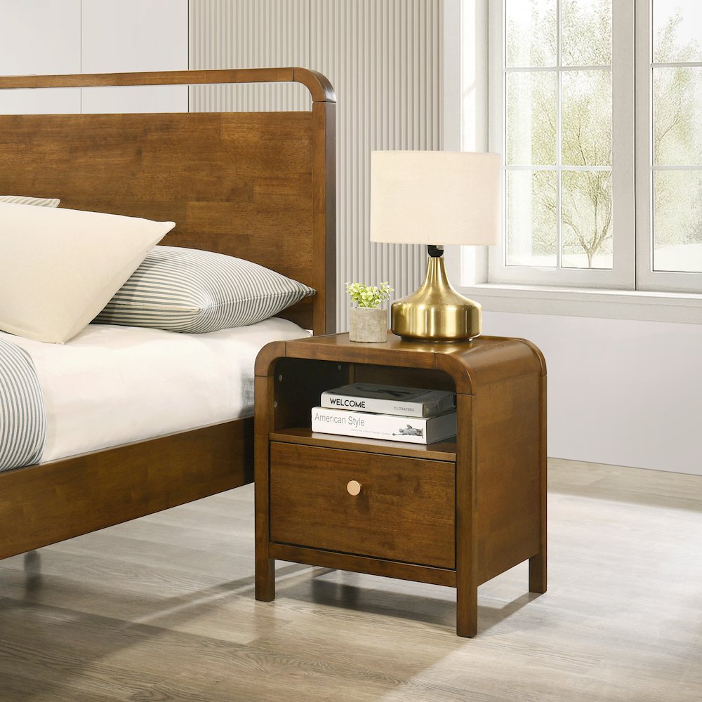 Eldren Wood Bedroom Set, King Platform Bed with Two Nightstands in Walnut Finish