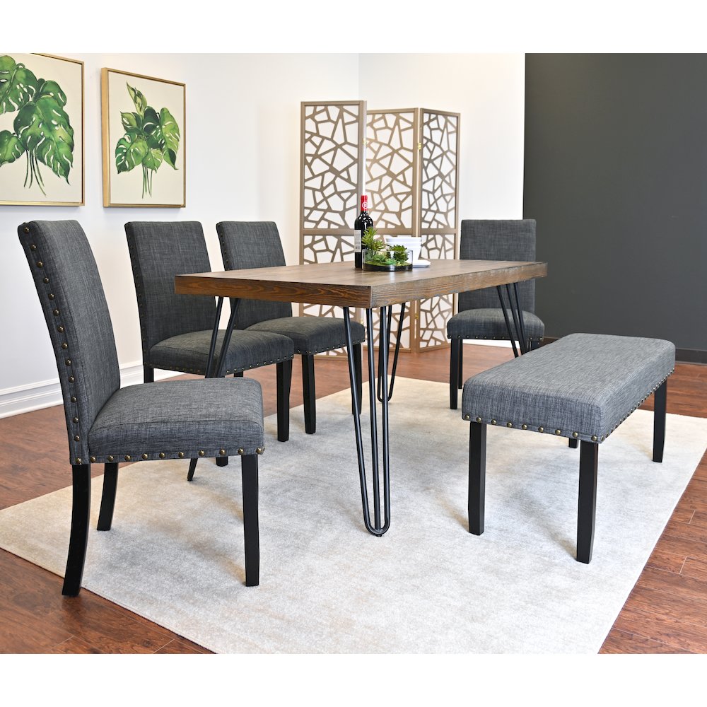 Amisos 6-Pc Dining Set, Hairpin Dining Table with 4 Chairs and Bench, Gray