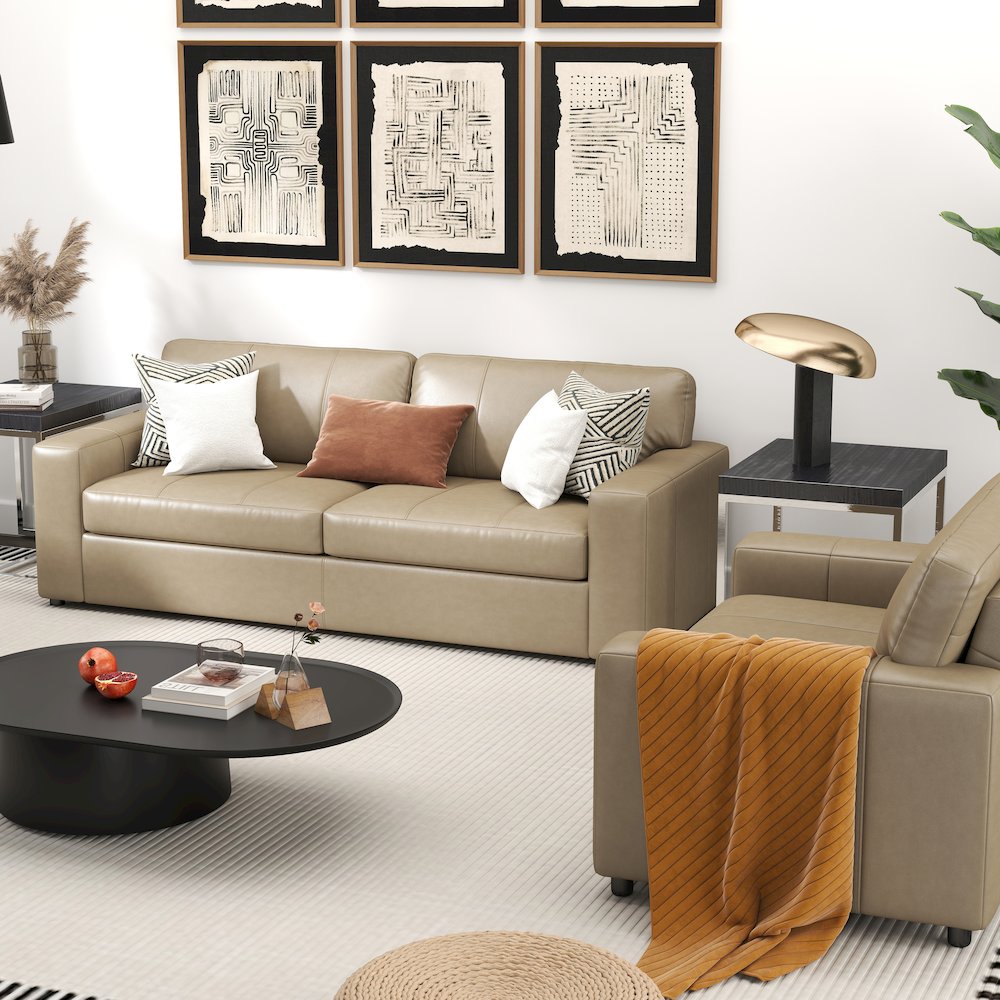 Sakan Leather Upholstered 3-Piece Living Room Set, Sofa and 2 Cutler Chairs