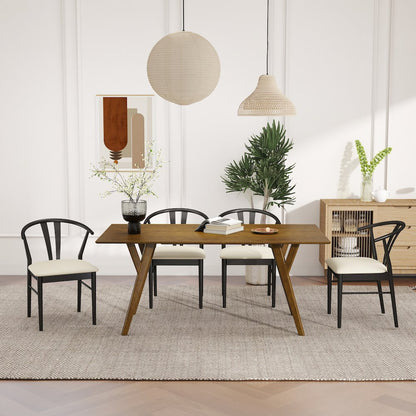 5-Piece Dining Set, Walnut Finished Dining Table with 4 Black Wishbone Chairs