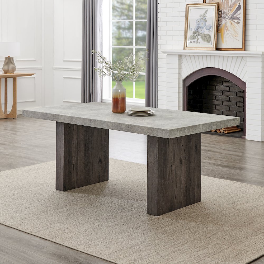 Sorlen 5-Piece Dining Set, 3D Faux Concrete Table with 4 Chocolate Fabric Chairs
