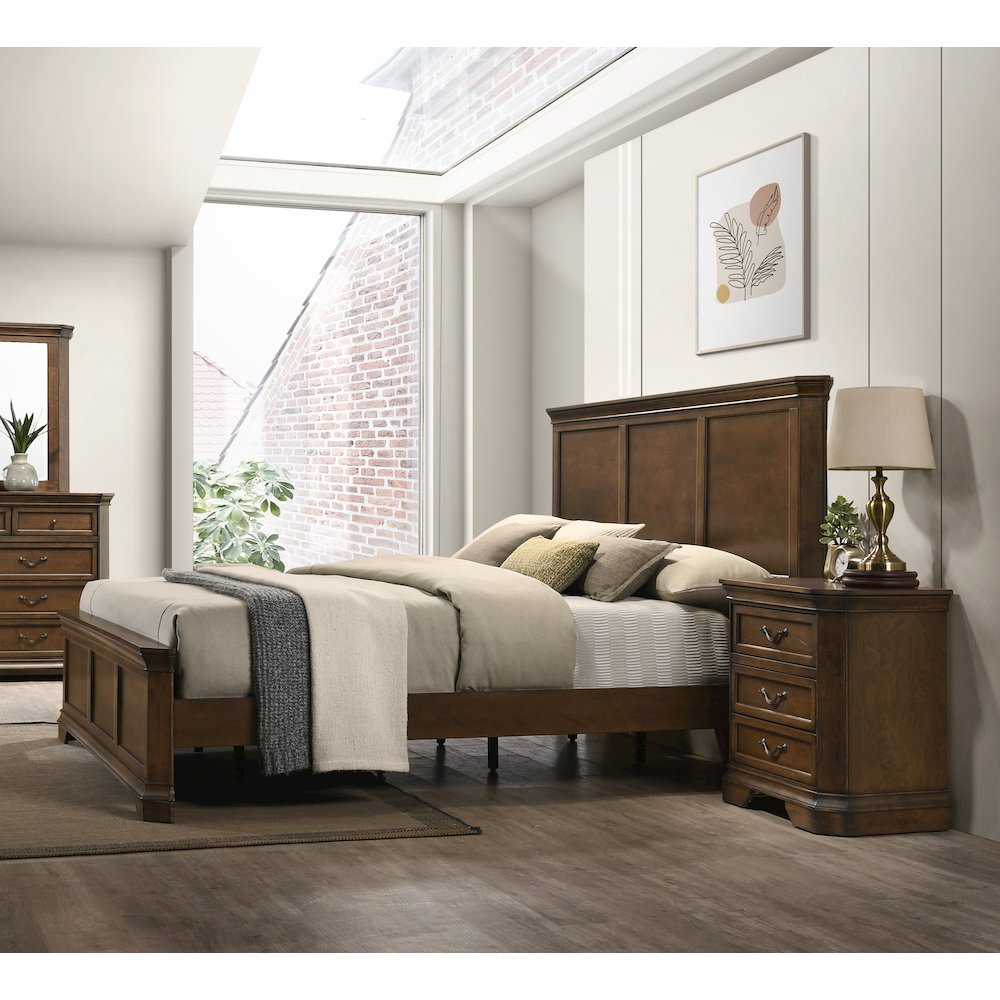 3-Piece Bedroom Set, King Panel Bed and 2 Nightstands, Antique Walnut Finish