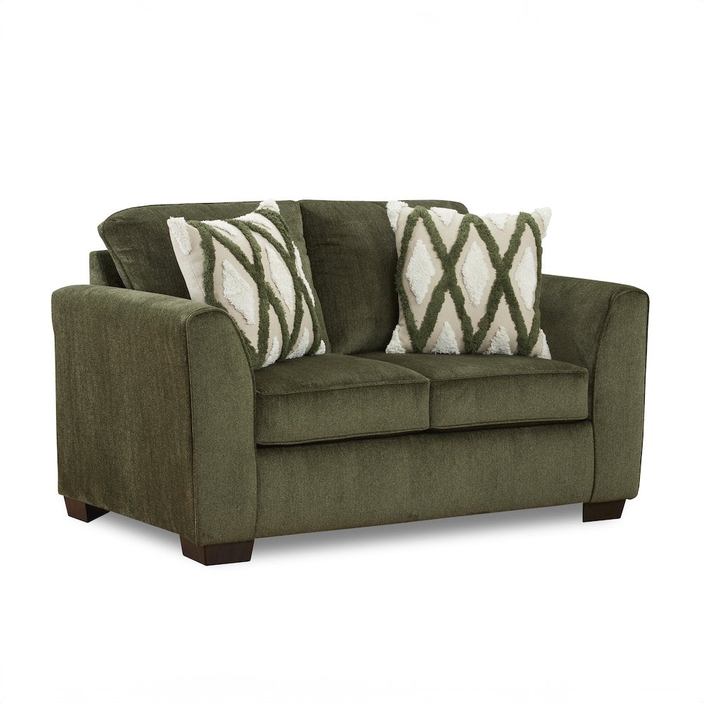 Marvella Living Room Loveseat with Mosswood Chenille Upholstery, Accent Pillows