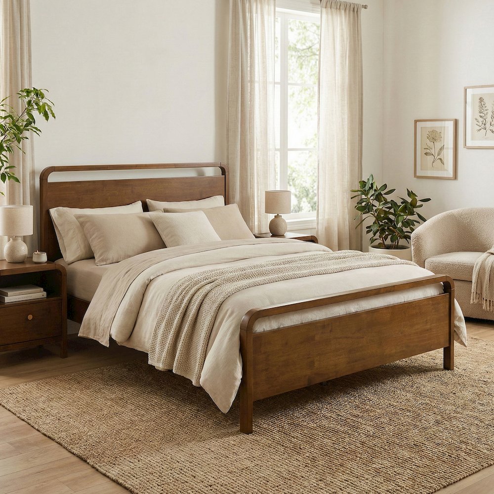Eldren Wood Bedroom Set, Queen Platform Bed Dresser, Mirror,Two Nightstands