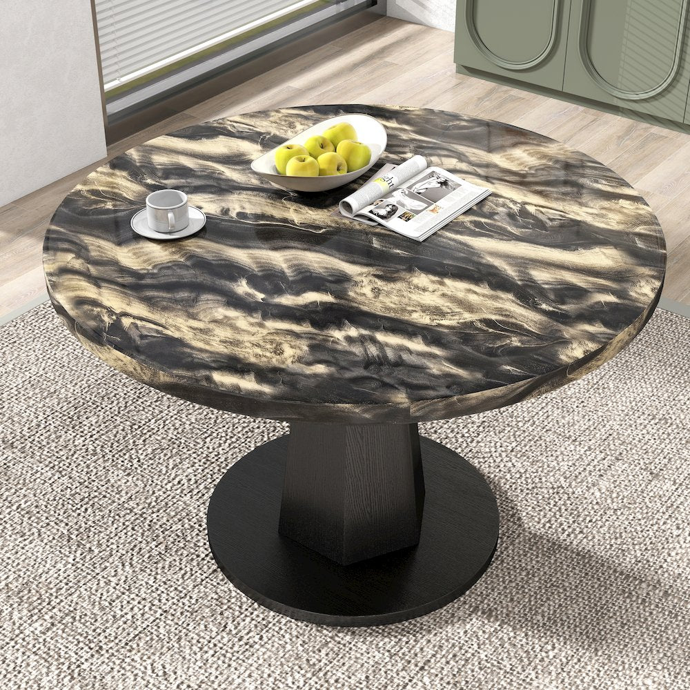 5-Piece Dining Set, Black and Gold Faux Marble Dining Table Four Chairs, Tan