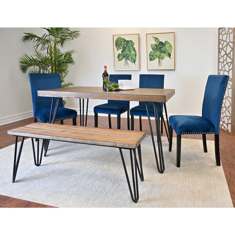 Ashzo 6-Pc Dining Set, Hairpin Dining Table with 4 Chairs and Bench, Blue