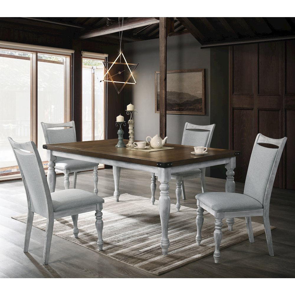 Salines 5 Piece Dining Table Set with 4 Upholstered Chairs, Rustic White and Oak