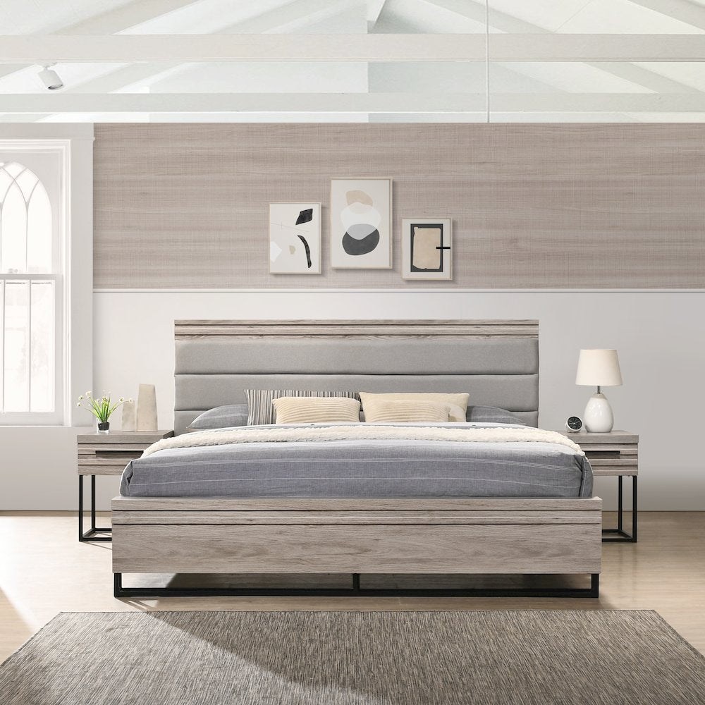 3-Piece Wood Bedroom Set, Queen Panel Bed and Two Nightstands, Weathered Gray