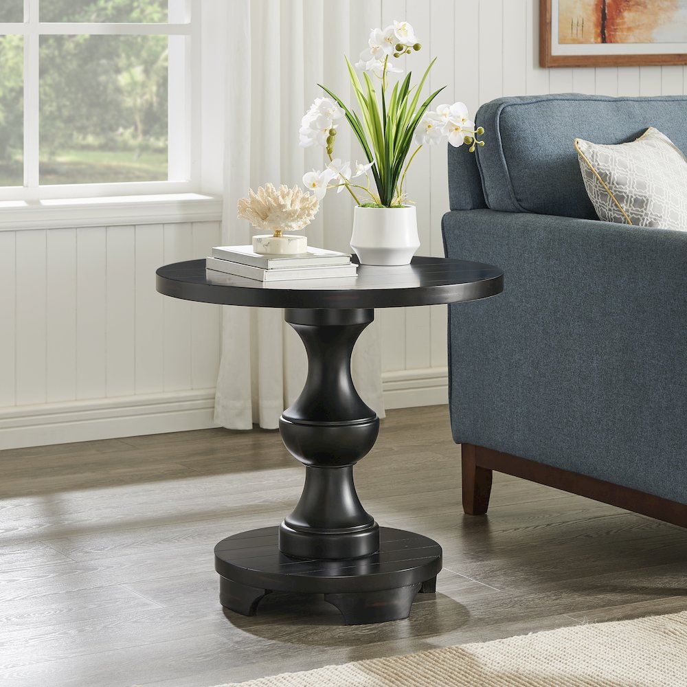 Caesar Traditional Round Pedestal End Table, Black