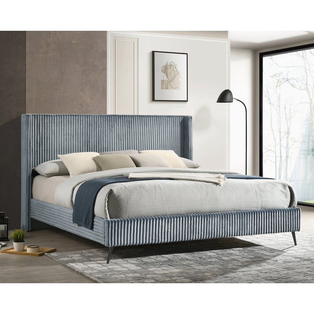 Mavela Wide Wale Corduroy Upholstery Panel King Bed with 2 Nightstands, Blue