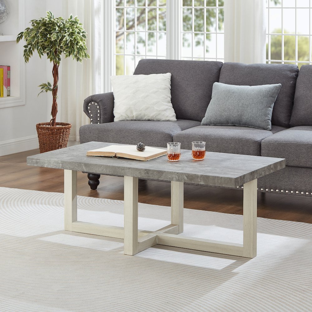 Luno Contemporary Coffee Table, Faux Concrete and White
