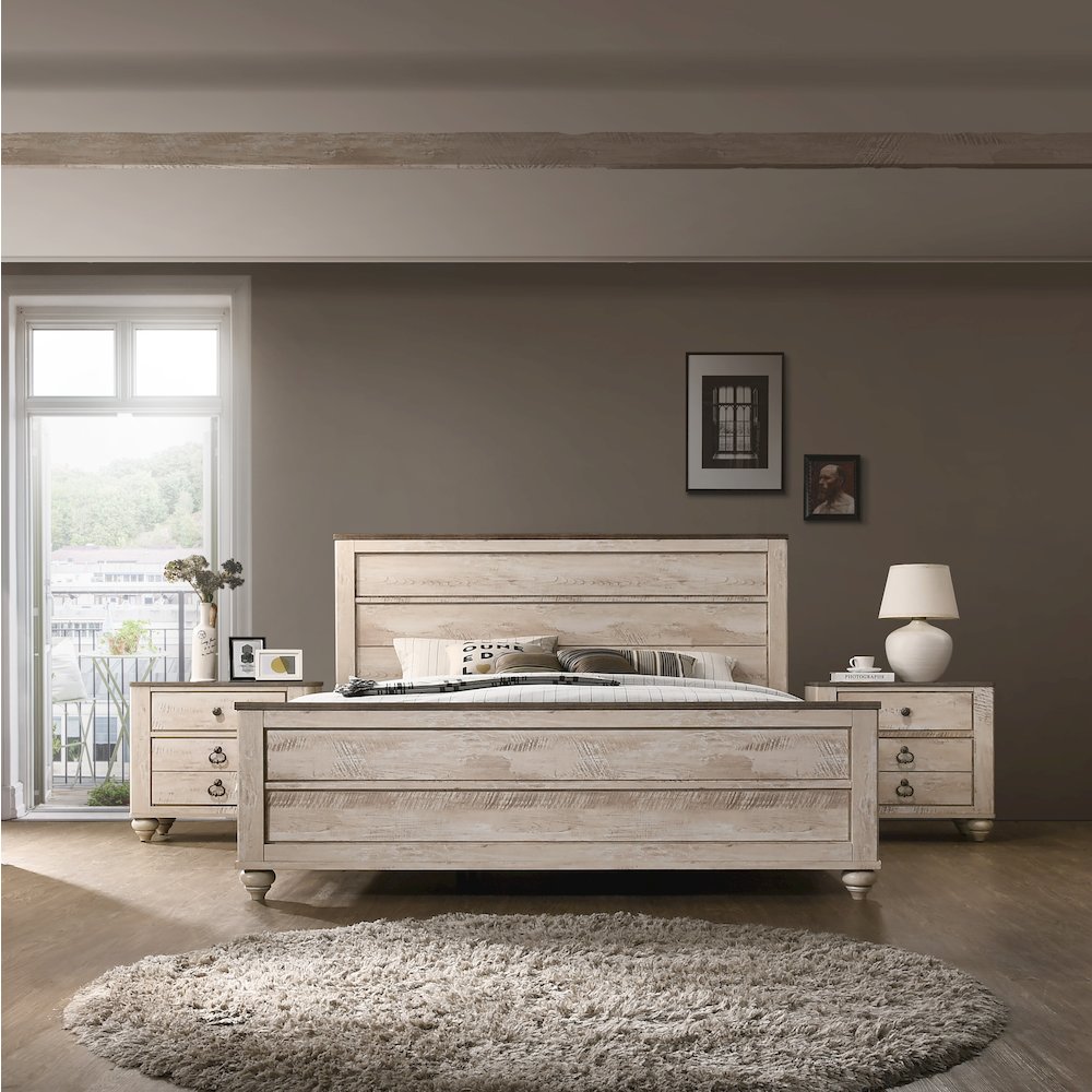 White Wash Finish 3-Piece Bedroom Set-King Bed and Two Nightstands