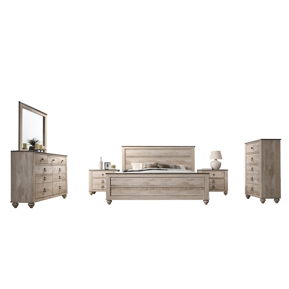 White Wash Finish Bedroom Set, King Bed, Dresser, Mirror, 2 Nightstands, Chest