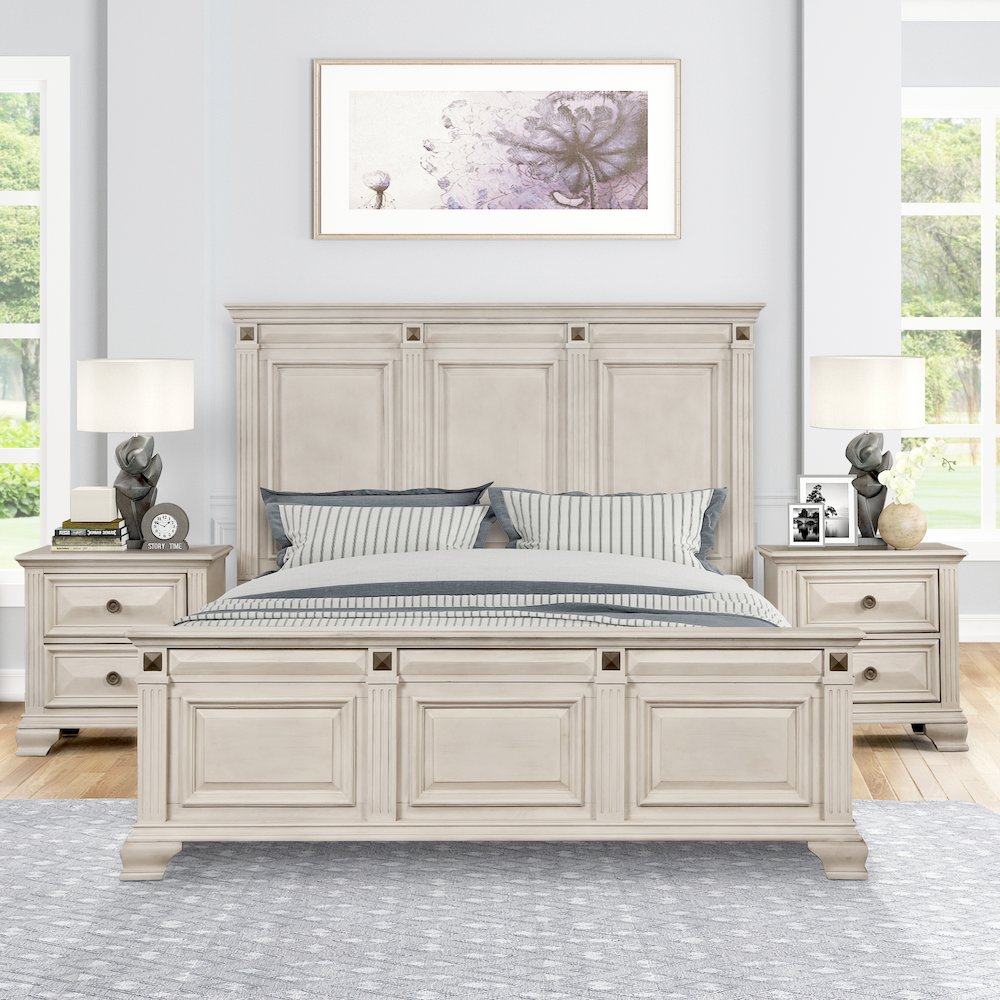 Renova 3-Piece Distressed Parchment Bedroom Set, King Bed with 2 Nightstands