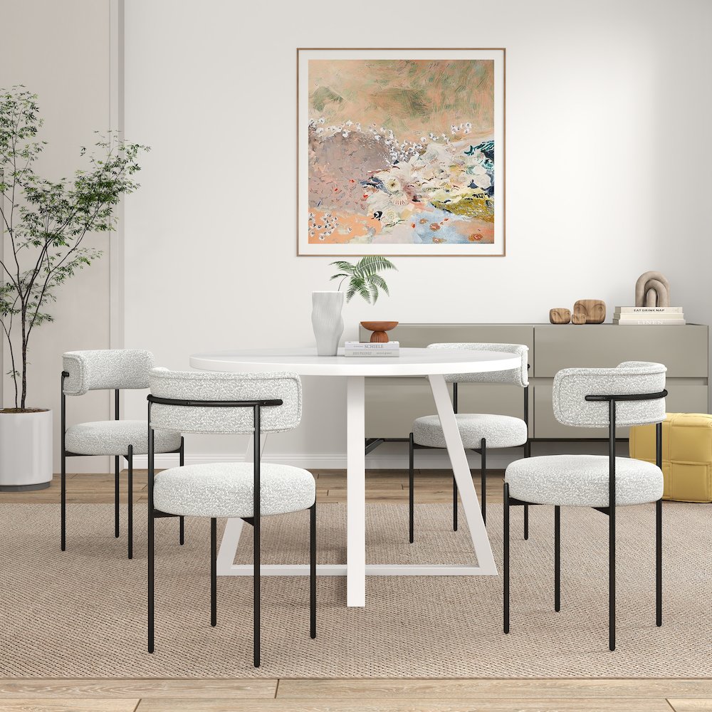 Durban 5-Pc Round Dining Set, Trestle Dining Table with 4 Boucle Chairs