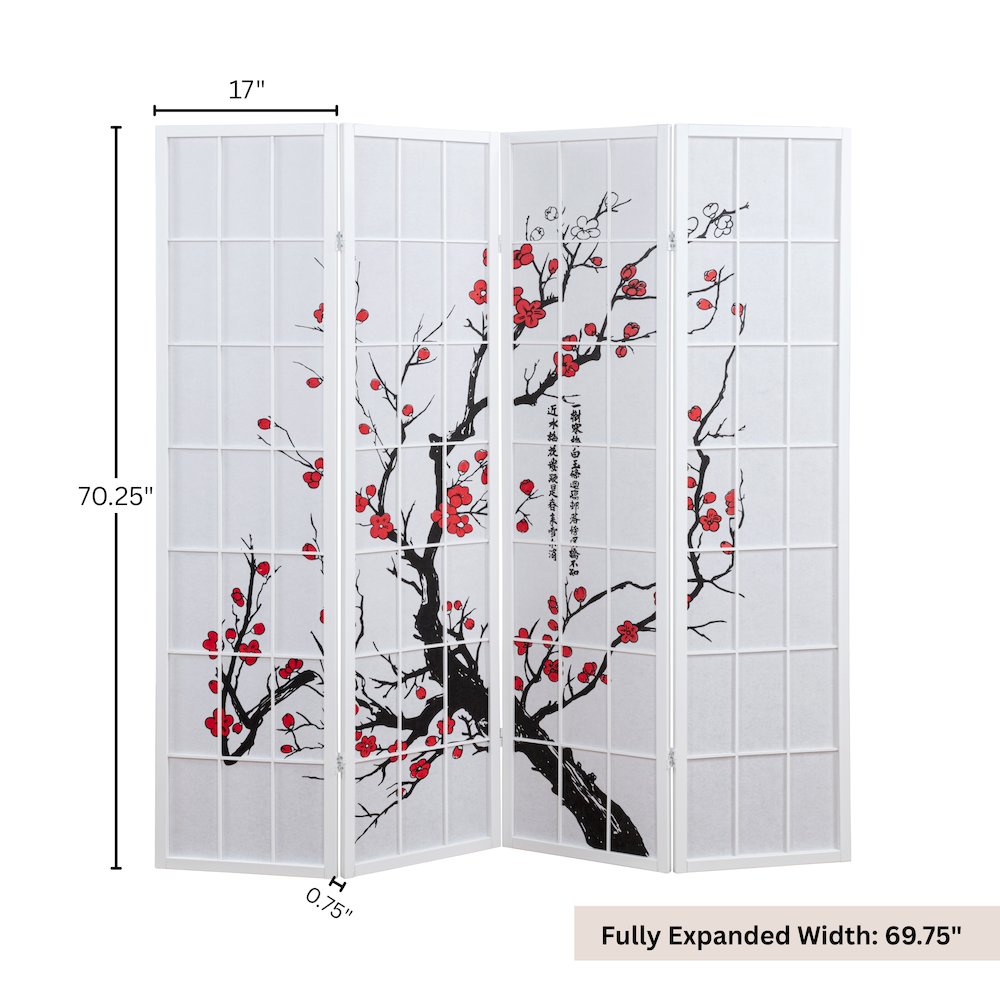 Elandra 4-Panel Room Divider, Plum Blossom Print, Privacy Screen, White