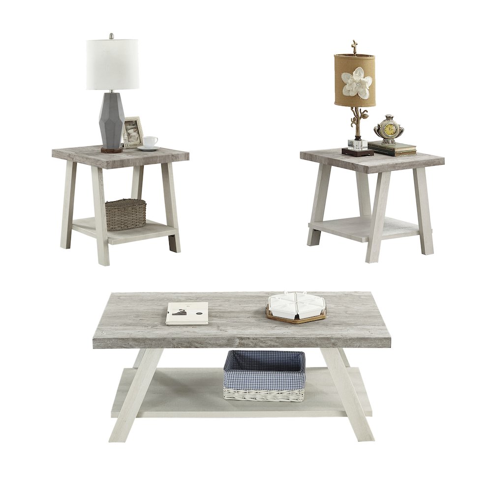Athens Contemporary 3Pc Wood Shelf Coffee Table Set in Weathered Gray/Beige