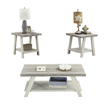 Athens Contemporary 3Pc Wood Shelf Coffee Table Set in Weathered Gray/Beige