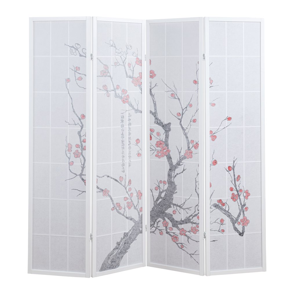Elandra 4-Panel Room Divider, Plum Blossom Print, Privacy Screen, White