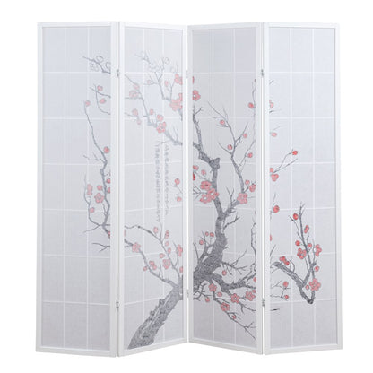 Elandra 4-Panel Room Divider, Plum Blossom Print, Privacy Screen, White