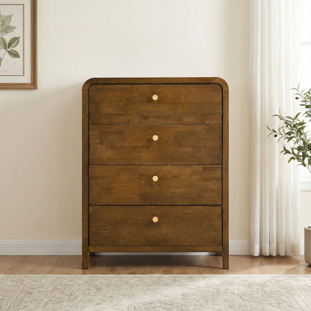 Eldren 4-Drawer Wood Chest with Solid Rubberwood Frame, Walnut Finish
