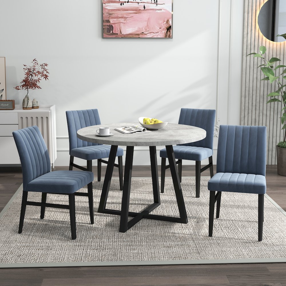Edo 5-Piece Dining Set, Round Trestle Table and 4 Chairs, Gray and Blue