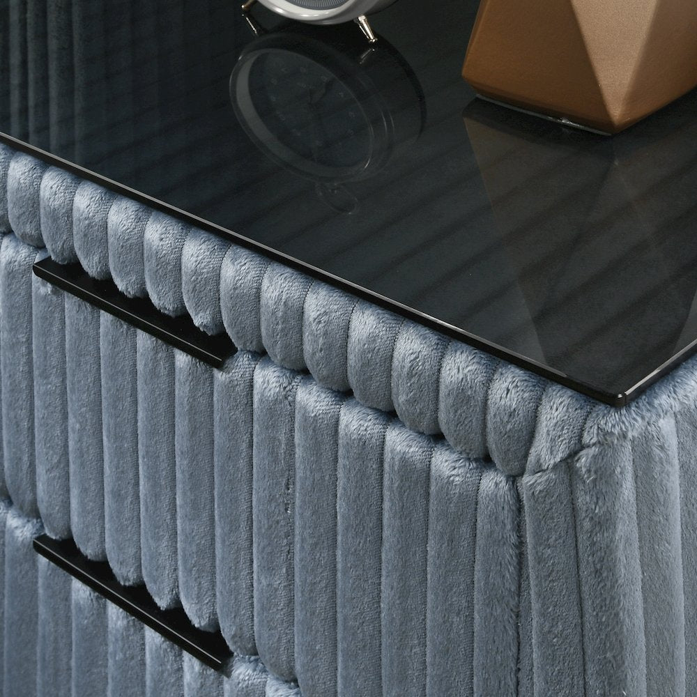 Mavela Wide Wale Corduroy Upholstery Panel King Bed with 2 Nightstands, Blue