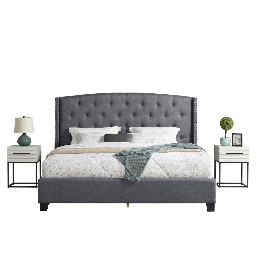 3-Piece Upholstered Bedroom Set, Tufted Wingback Bed, 2White Nightstands, Queen