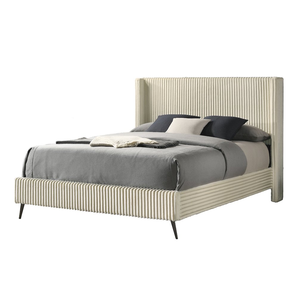 Mavela Wide Wale Corduroy Upholstery Panel Queen Bed, Cream