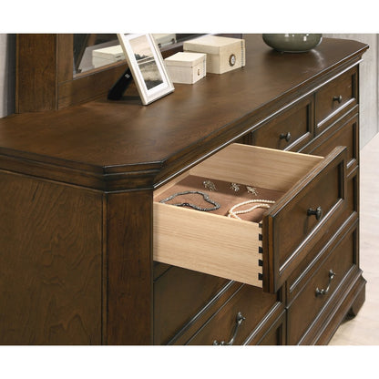 Wood Panel Bed, Dresser, Mirror, Nightstand, Queen, Antique Walnut Finish