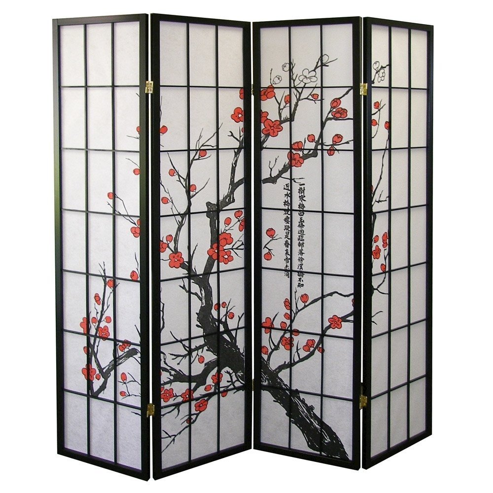 Julie Black Japanese 4-Panel Screen Room Divider, Plum Blossom