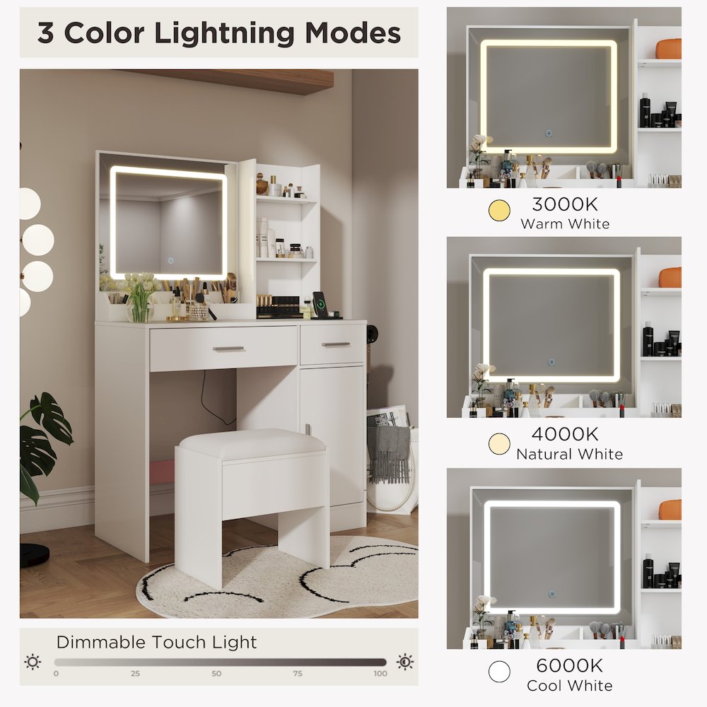 Makeup Vanity Set, Vanity Desk with Stool, LED Light Mirror, White