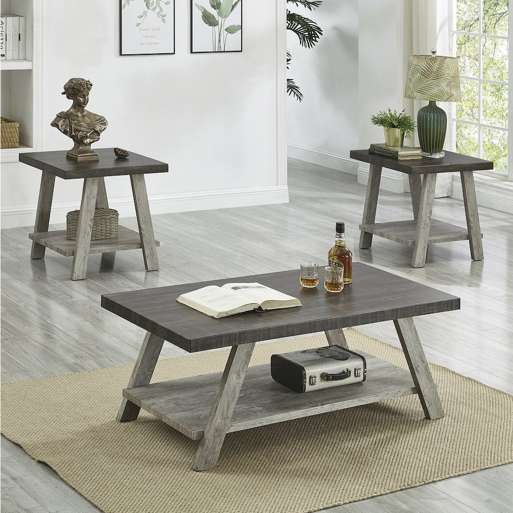 Athens Contemporary 3Pc Wood Shelf Coffee Table Set in Weathered Walnut and Gray