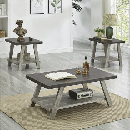 Athens Contemporary 3Pc Wood Shelf Coffee Table Set in Weathered Walnut and Gray