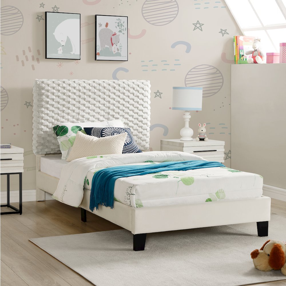 Findlay Plush 3D Upholstered Platform Bed in White Dove, Twin