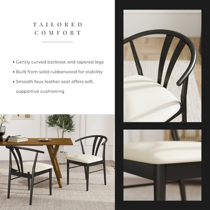 7-Piece Dining Set, Walnut Finished Dining Table with 6 Black Wishbone Chairs