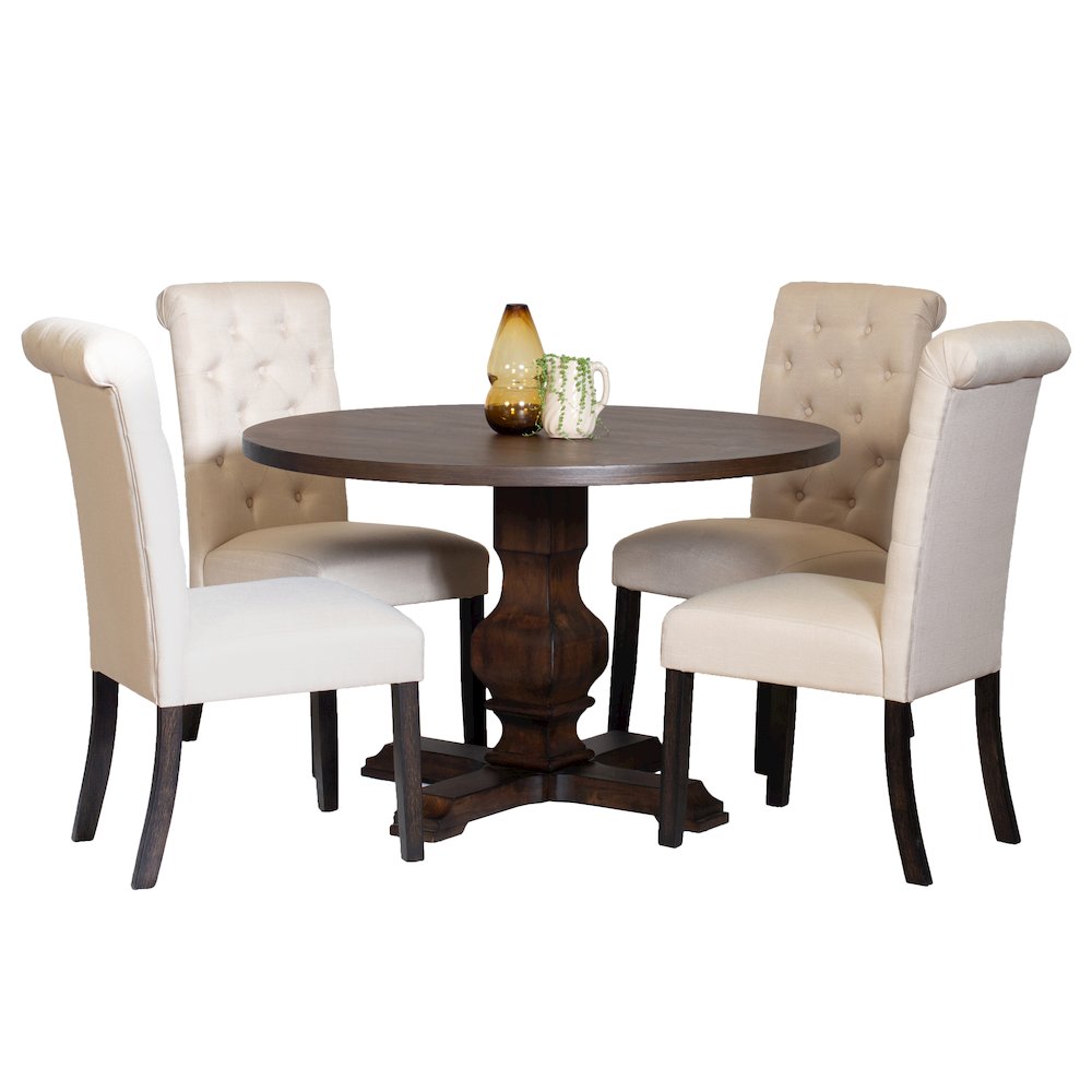 Kerbau 5-Pc Dining Set, Pedestal Round Table with 4 Stylish Chairs, Tan