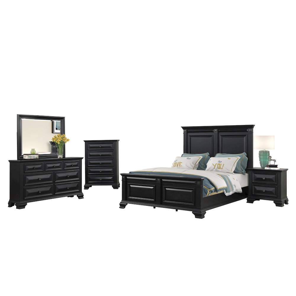 Vintage Black Wood Bedroom Set, Queen Bed, Dresser, Mirror, Nightstand, Chest