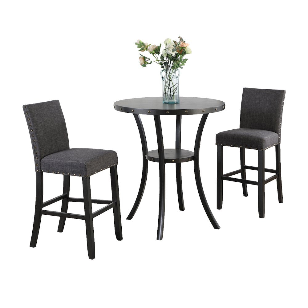 Biony 3-Pc 36" Round Espresso Finish Bar Table with 2 Gray Pub Chairs