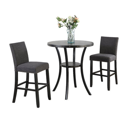 Biony 3-Pc 36" Round Espresso Finish Bar Table with 2 Gray Pub Chairs