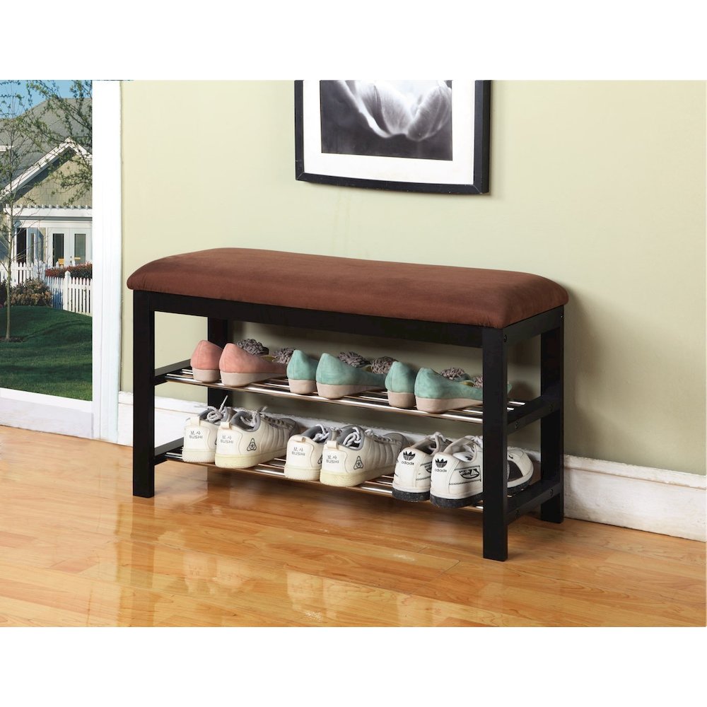 Choa Metal Shoe Bench with Faux Leather Seat, Dark Espresso and Chocolate
