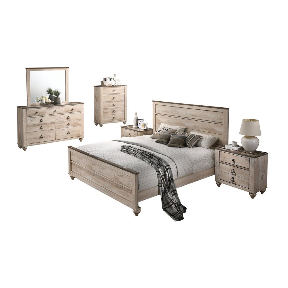 Imerland Contemporary White Wash Finish 6PC Bedroom Set, Queen