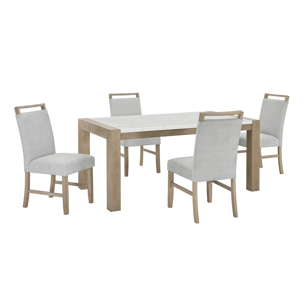 Zelalle 5-PC Dining Set, Faux Marble Table, 4 Chairs, White Wired-Brushed Finish