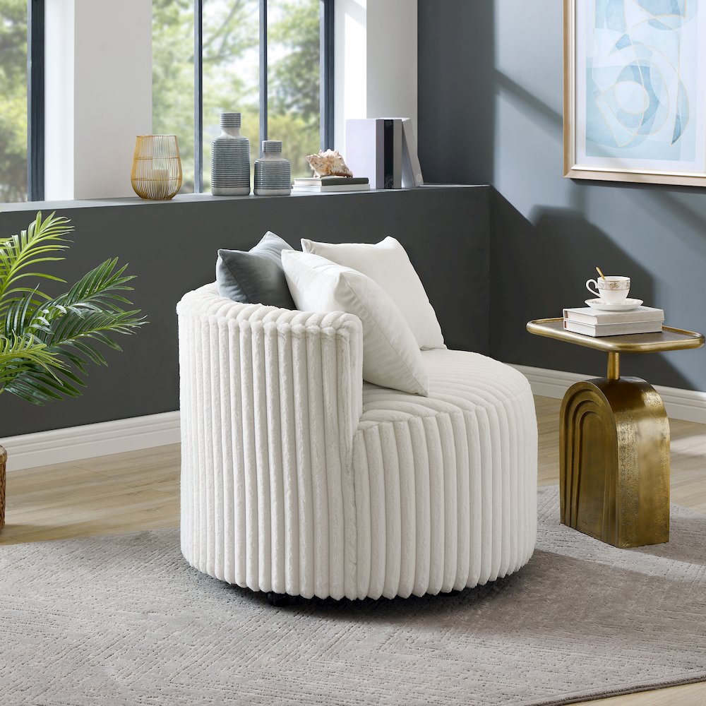 Malna Wide Wale Corduroy Upholstered Barrel Accent Chair with Wheels, Off-white