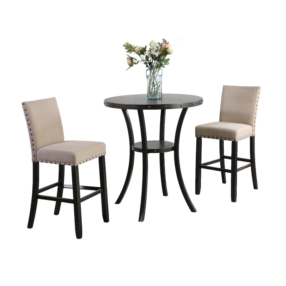 Biony 3-Pc 36" Round Espresso Finish Bar Table with 2 Tan Pub Chairs