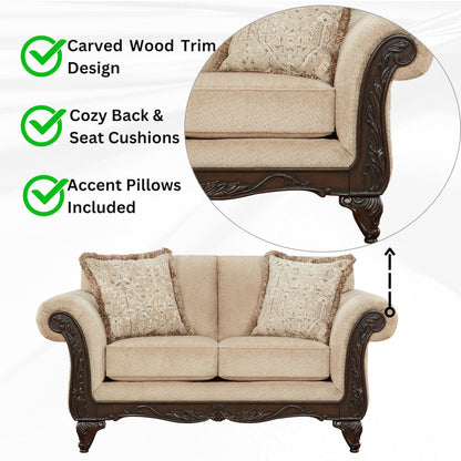Hernen Carved Wood Frame Loveseat, Emma Wheat